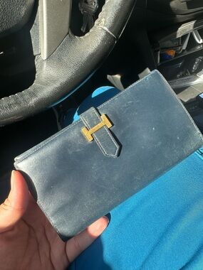 Vintage Navy Leather Hermes Wallet with Gold H-Clasp